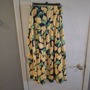 Lemon Print Midi Skirt With Side Zipper Closure